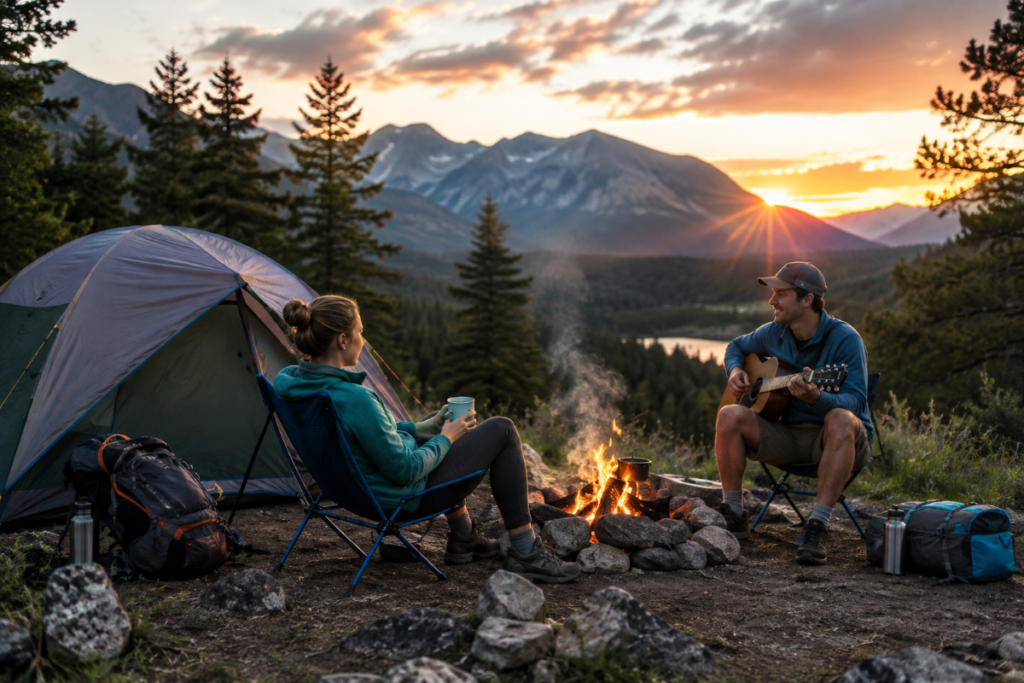 Camping Checklist for Beginners: Two people camping beside a tent and campfire in the mountains at sunset