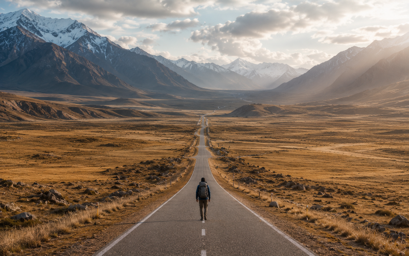 Hiker walking along a long road through a mountain landscape