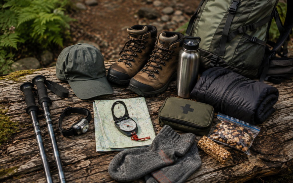 Hiking essentials for beginners, including a backpack, water bottle, hiking shoes, compass, first-aid kit, flashlight, rain jacket, and food prepared for a first hike.