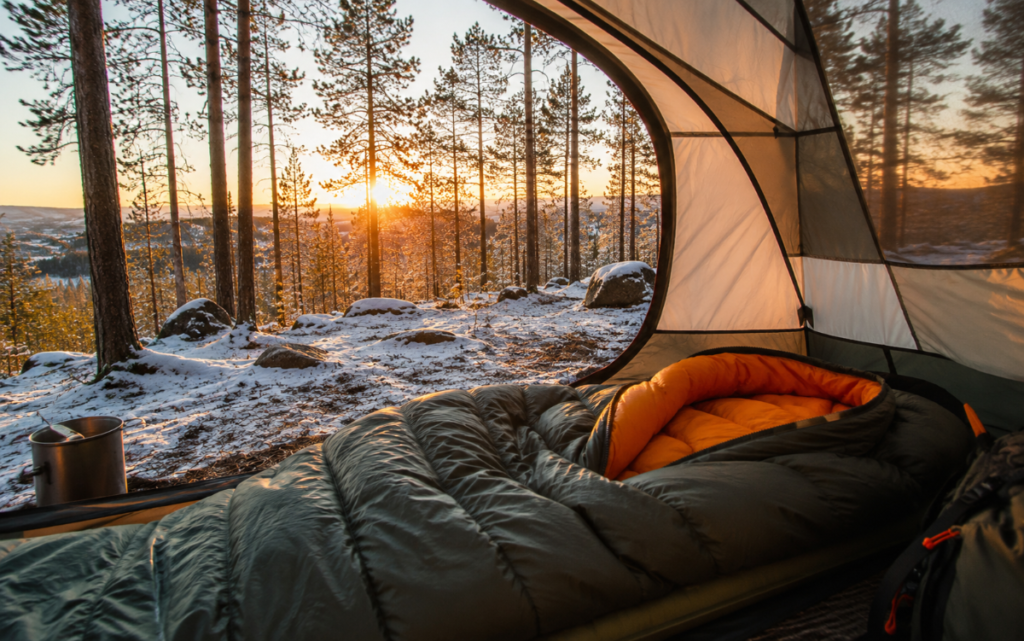 Cold weather sleeping bag inside a tent at a winter campsite