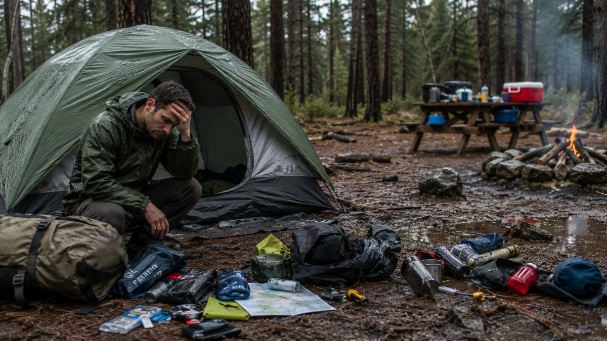 Beginner camper avoiding common camping mistakes at a campsite