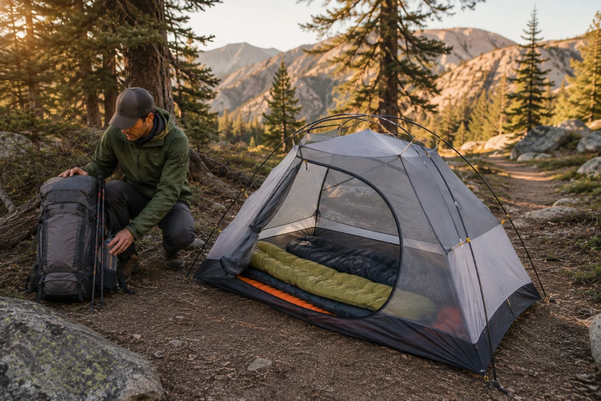 Backpacking tent set up at a comfortable car camping campsite