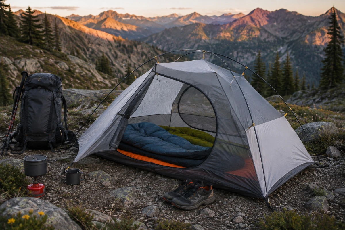Lightweight backpacking tent packed for carrying on a hiking trip