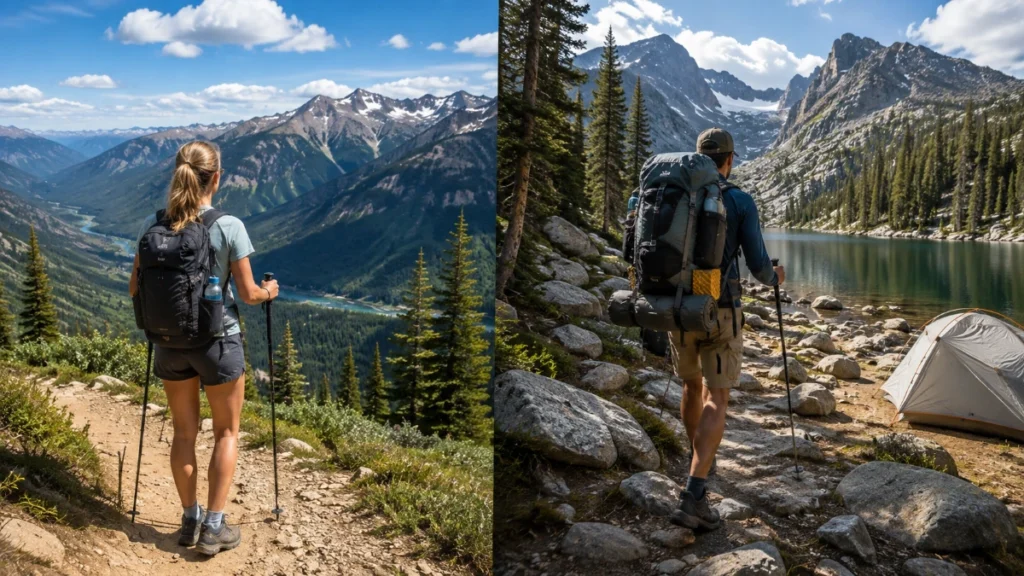Hiker comparing day hiking and backpacking gear