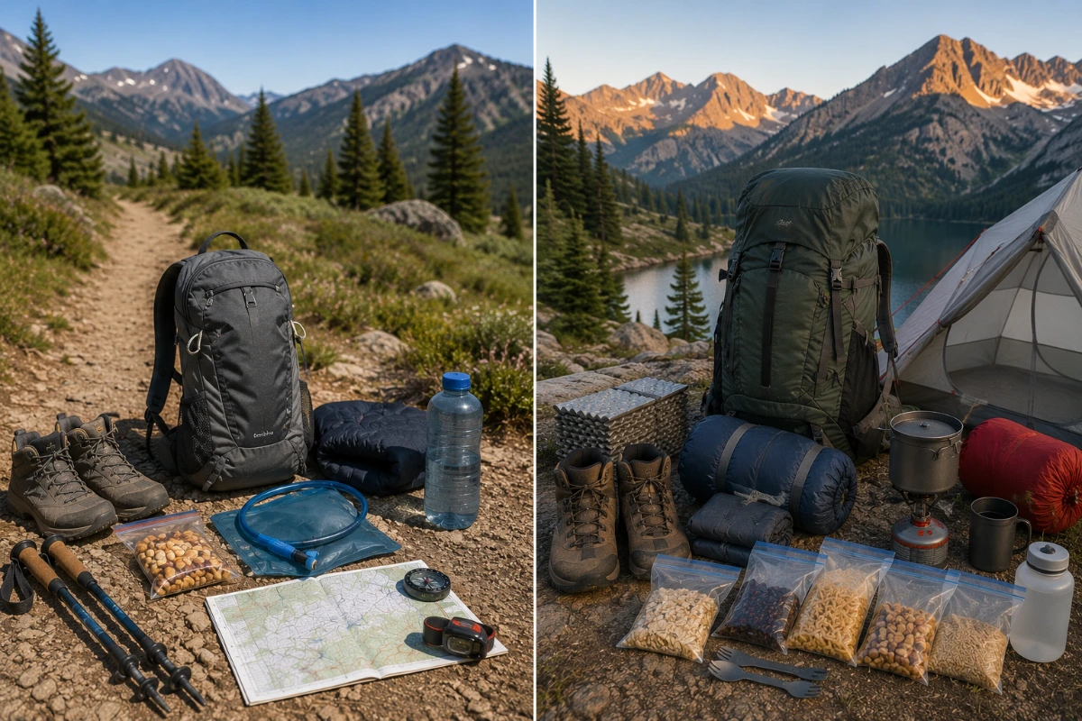 Hiker and backpacker comparing day hiking and overnight backpacking gear