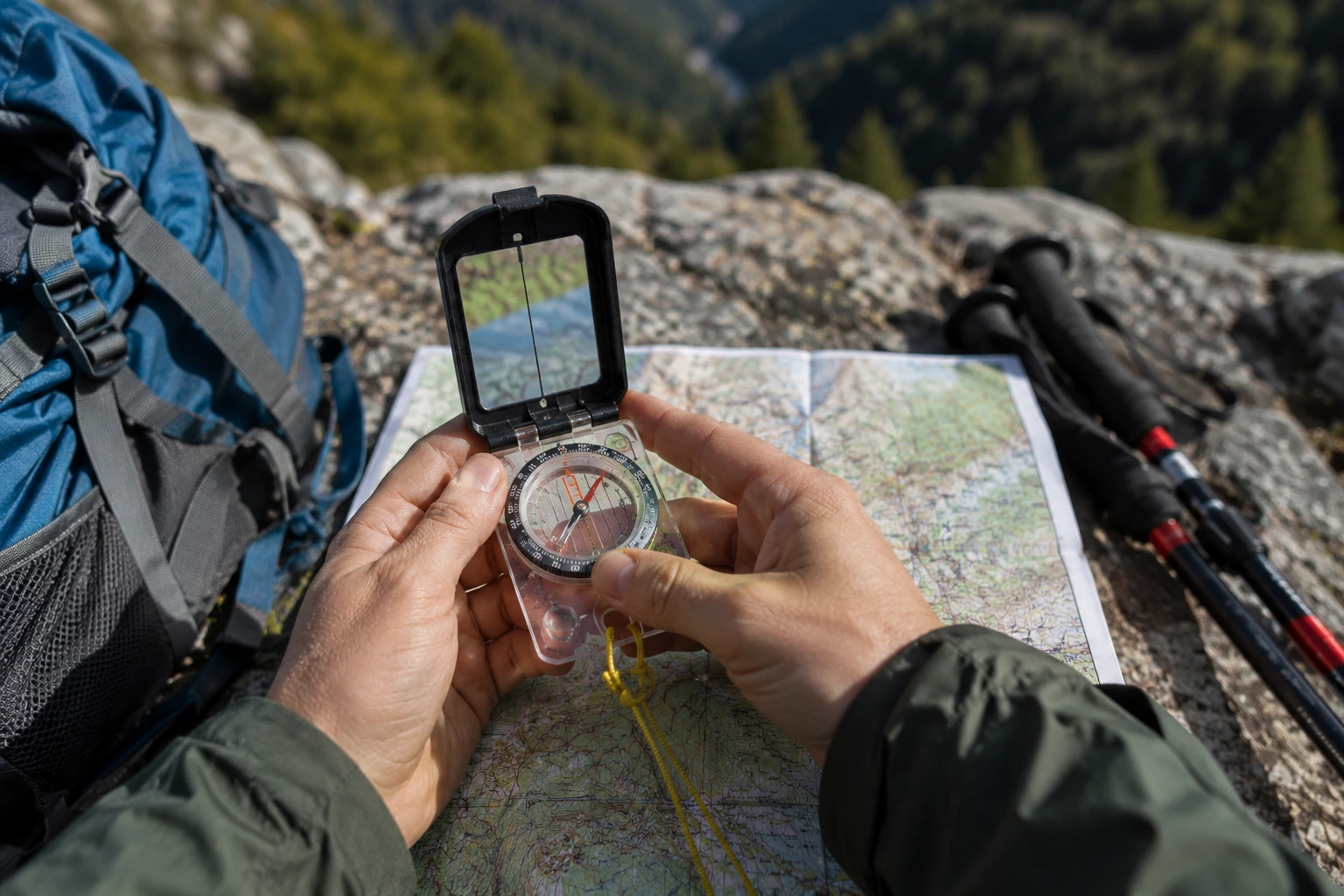 Hiker using a compass to navigate a trail