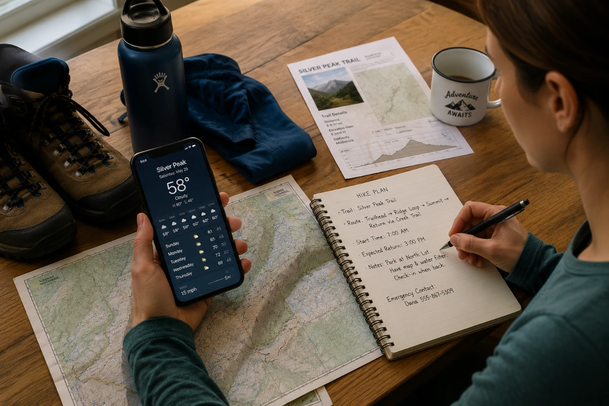 Hiker preparing for a safe hike before heading onto the trail