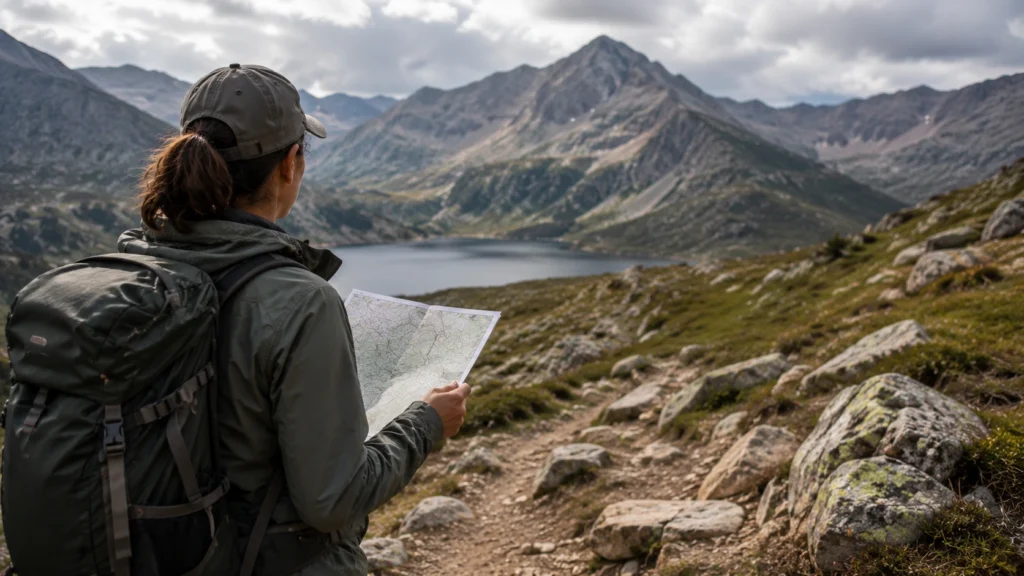 Beginner hiker using a hiking map and compass on a forest trail