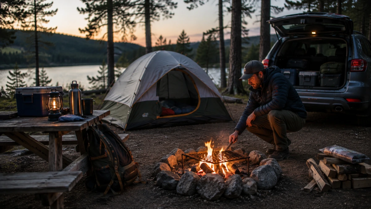 Beginner campers practicing safe camping at a developed campground