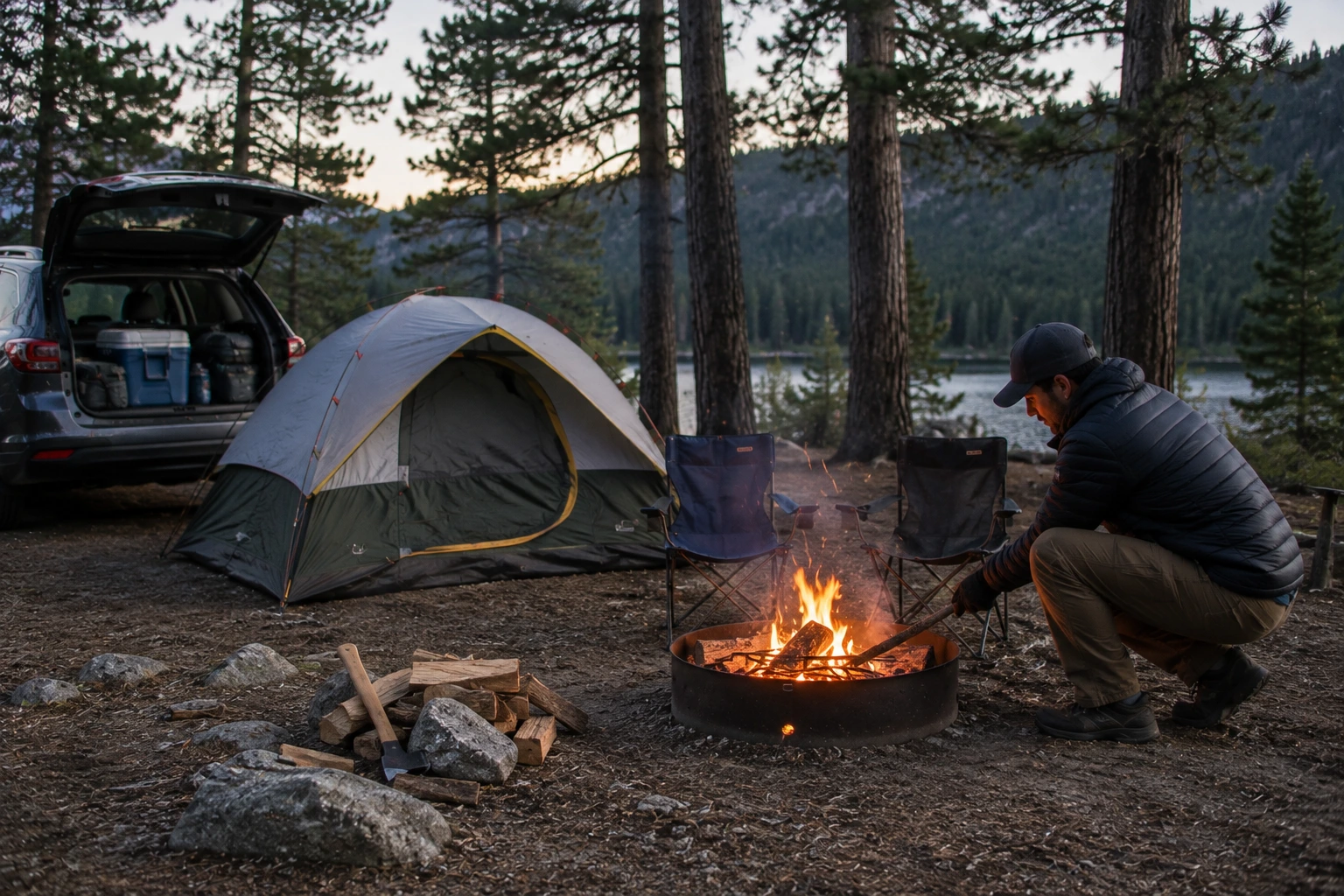 Campfire at a campsite with a tent and outdoor camping gear