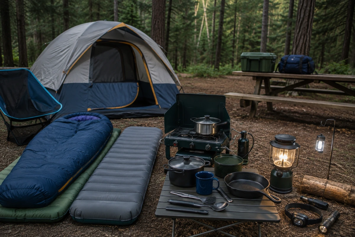 Essential camping gear including a tent, sleeping system, cooking equipment, and camp lighting
