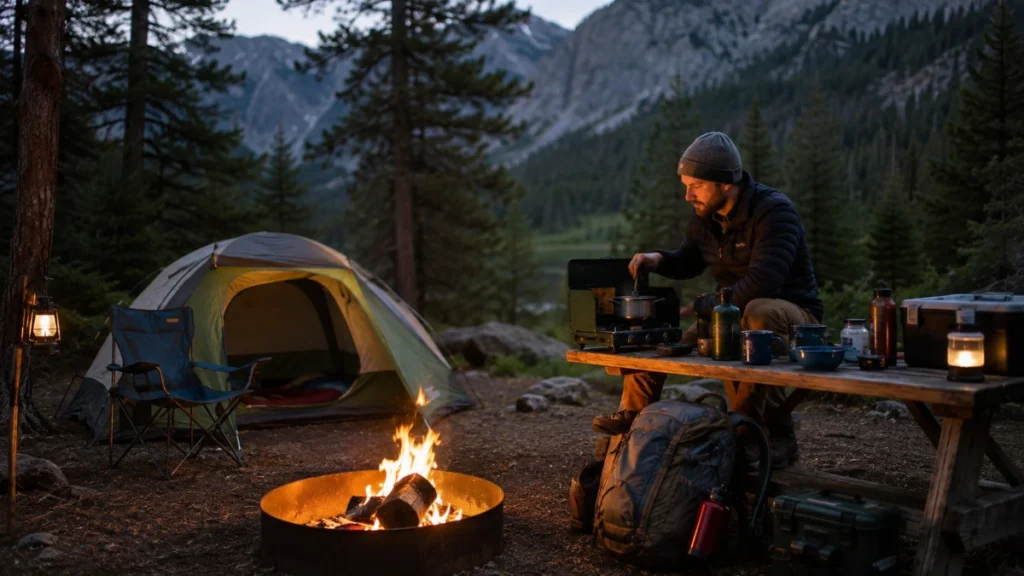 Beginner campers setting up a tent at a developed campground