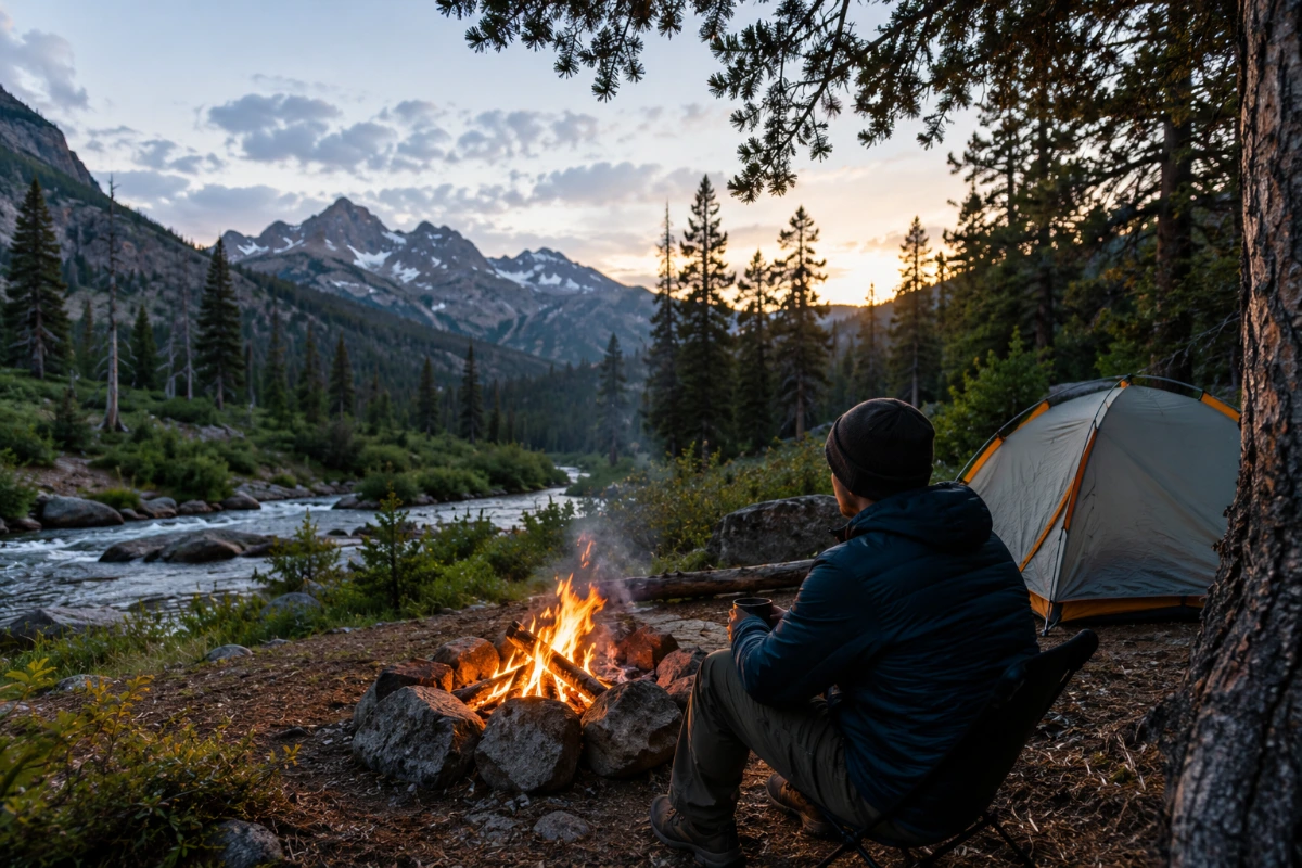 Backpacker selecting a safe campsite away from flood-prone areas and hazardous trees