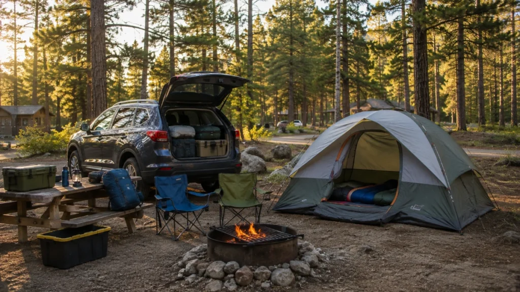Car camping and tent camping setups compared at an outdoor campsite