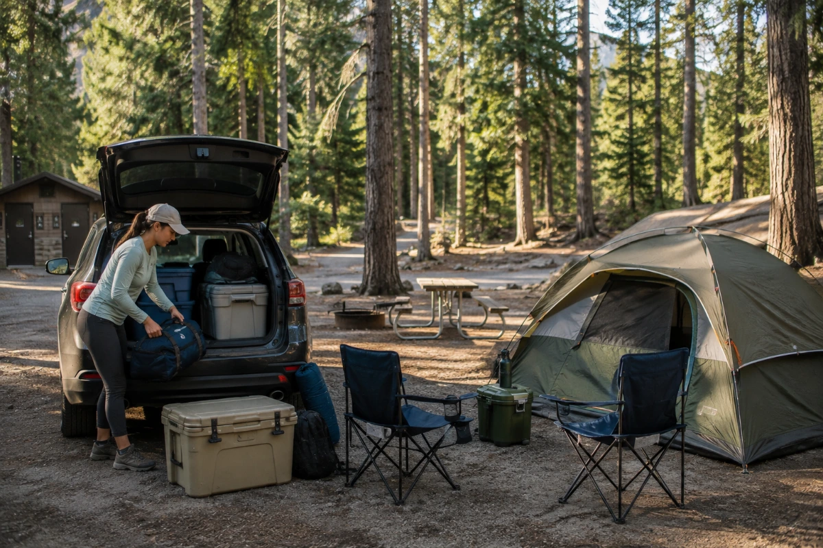 Car camping setup with a tent and camping gear unloaded from a vehicle