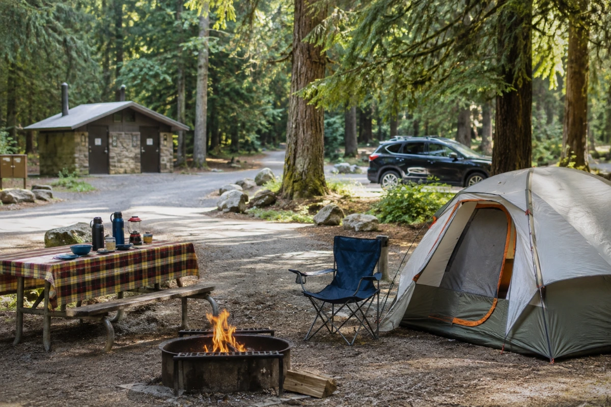 Beginner camper staying at a tent campsite outdoors