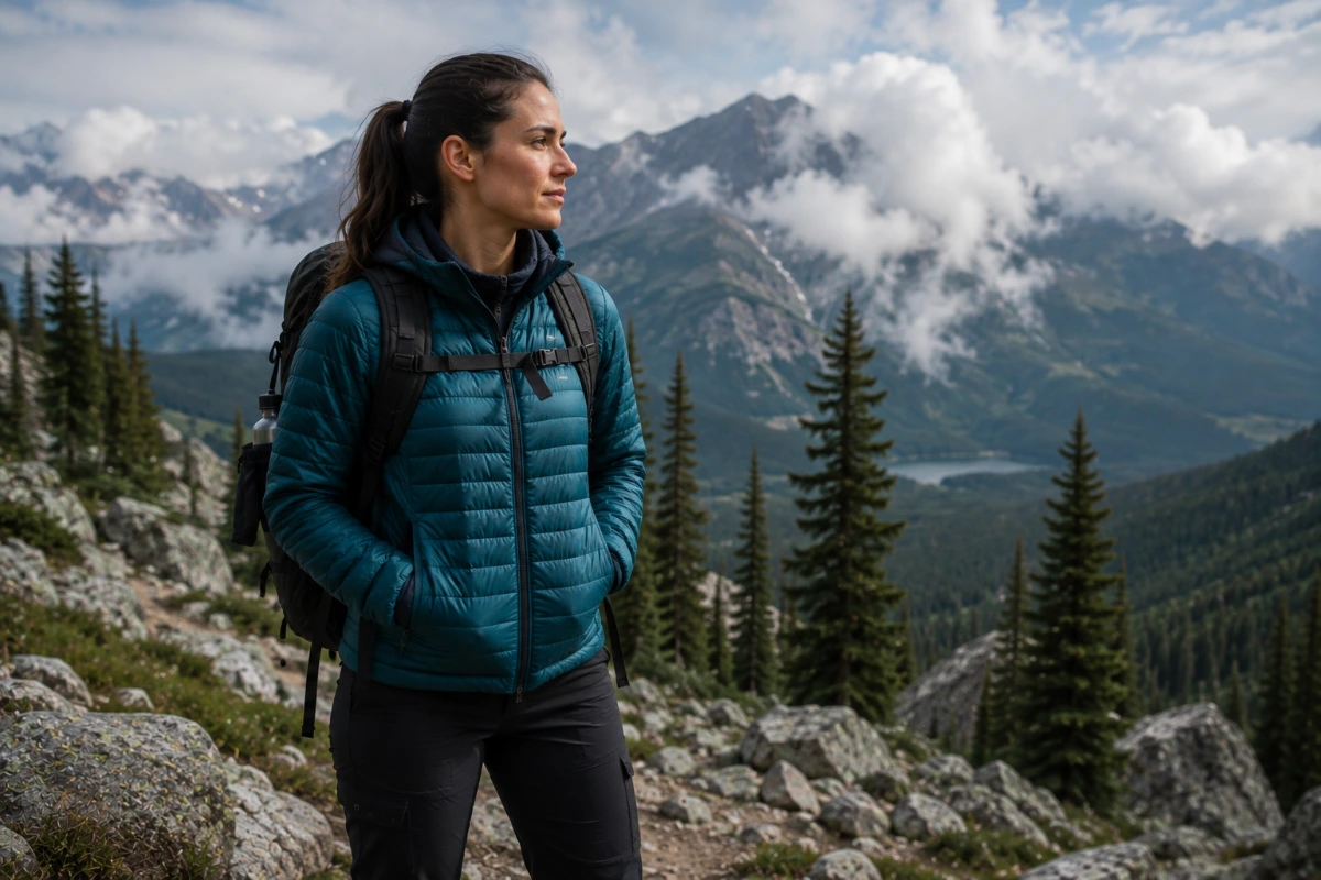 Hiker wearing a fleece mid layer for insulation on an outdoor trail