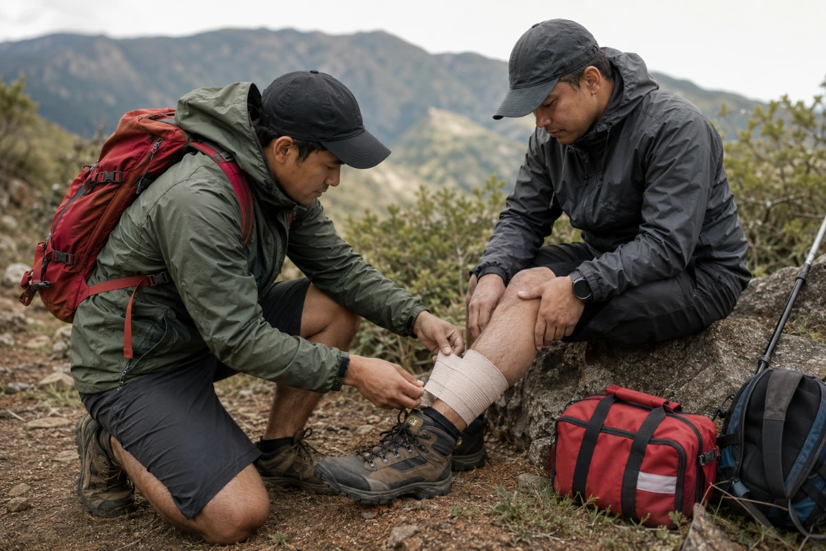 Hiker treating a minor injury on the trail