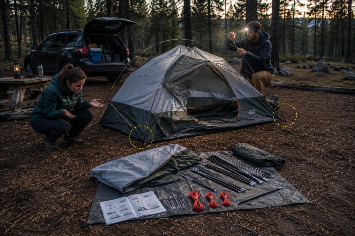 Camper avoiding common tent setup mistakes at a campsite