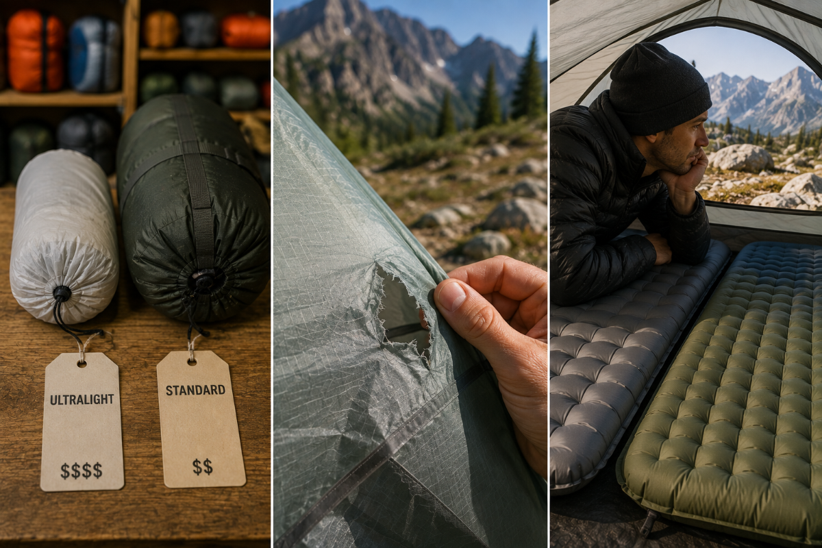 Ultralight backpacking gear showing the trade-offs between weight, durability, comfort, and cost