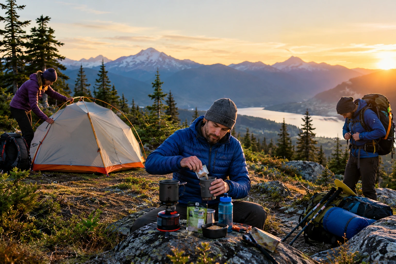 Backpacker setting up camp and managing daily routines on a multi-day hiking trip