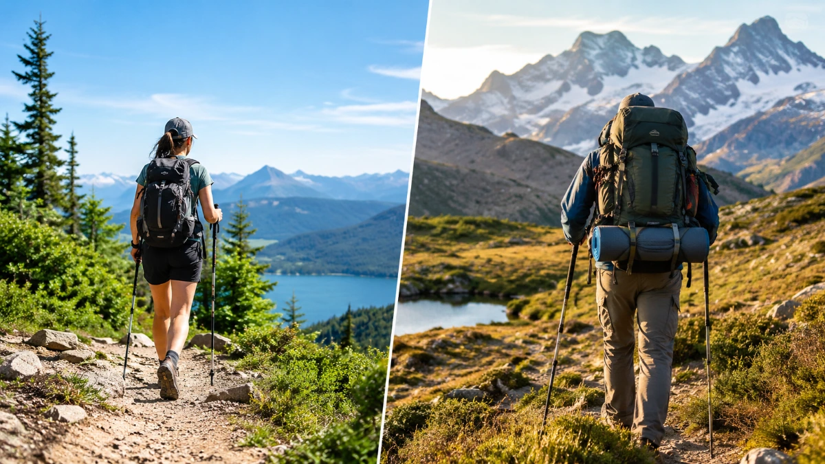 Hiker comparing day hiking and multi-day hiking gear