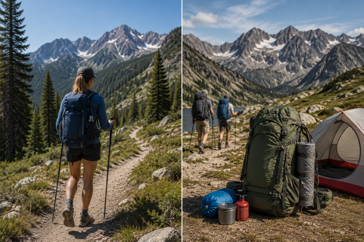 Hiker on a trail with overnight backpacking gear for a multi-day hiking trip