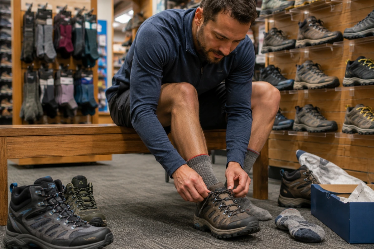 Hiker trying on hiking shoes to check fit and comfort