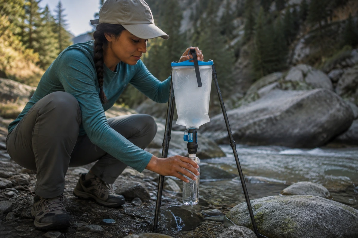 Backpacker filtering water with a portable water filter on the trail