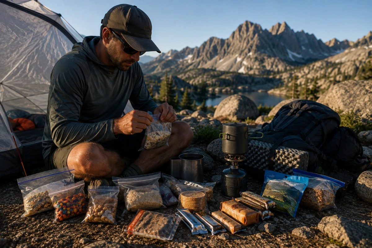 Backpacker hiking with a loaded backpack while planning daily calorie needs