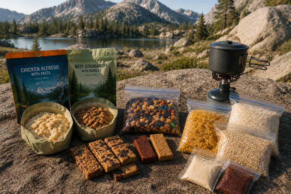 Different types of lightweight backpacking food prepared for a multi-day hiking trip