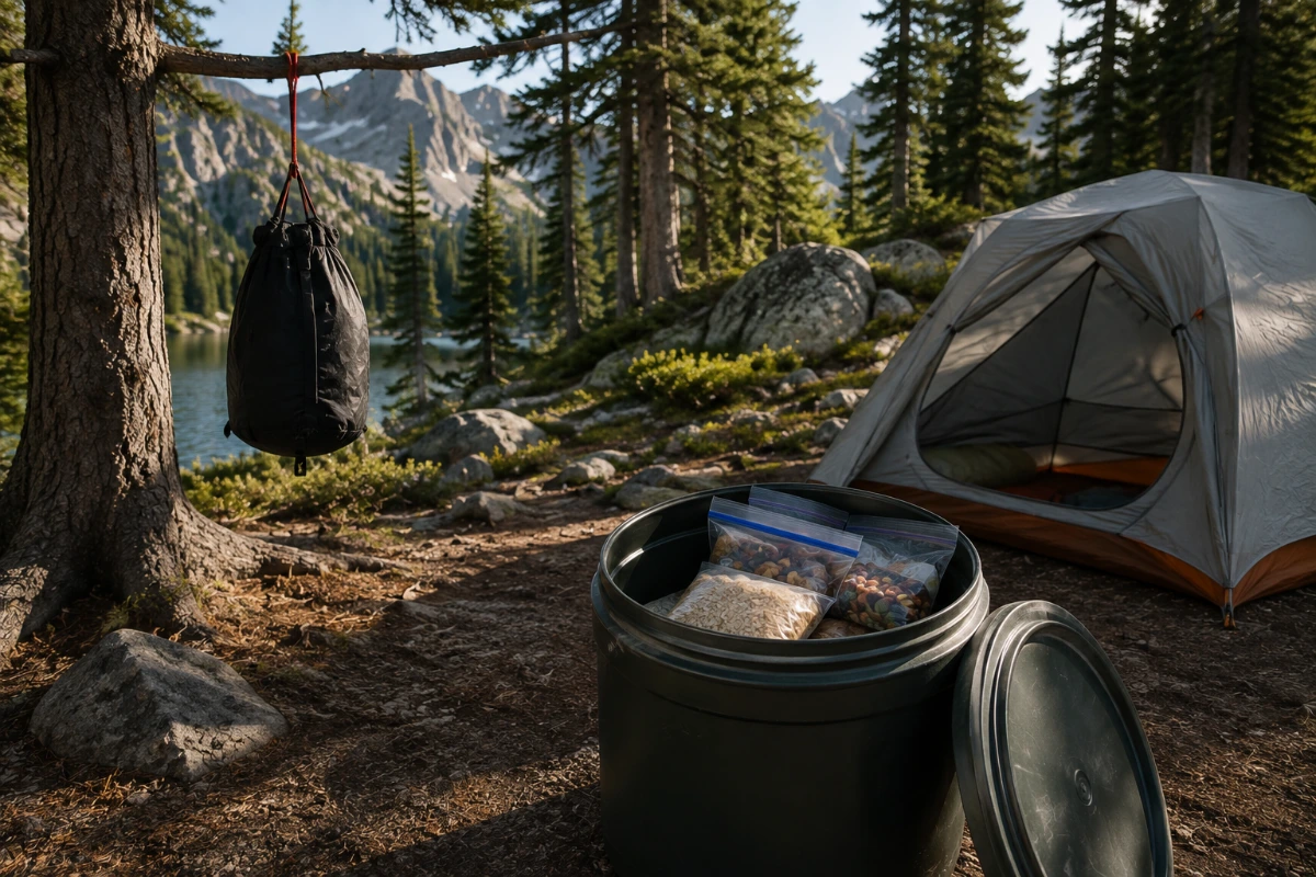 Backpacker safely storing food away from a campsite to protect against wildlife