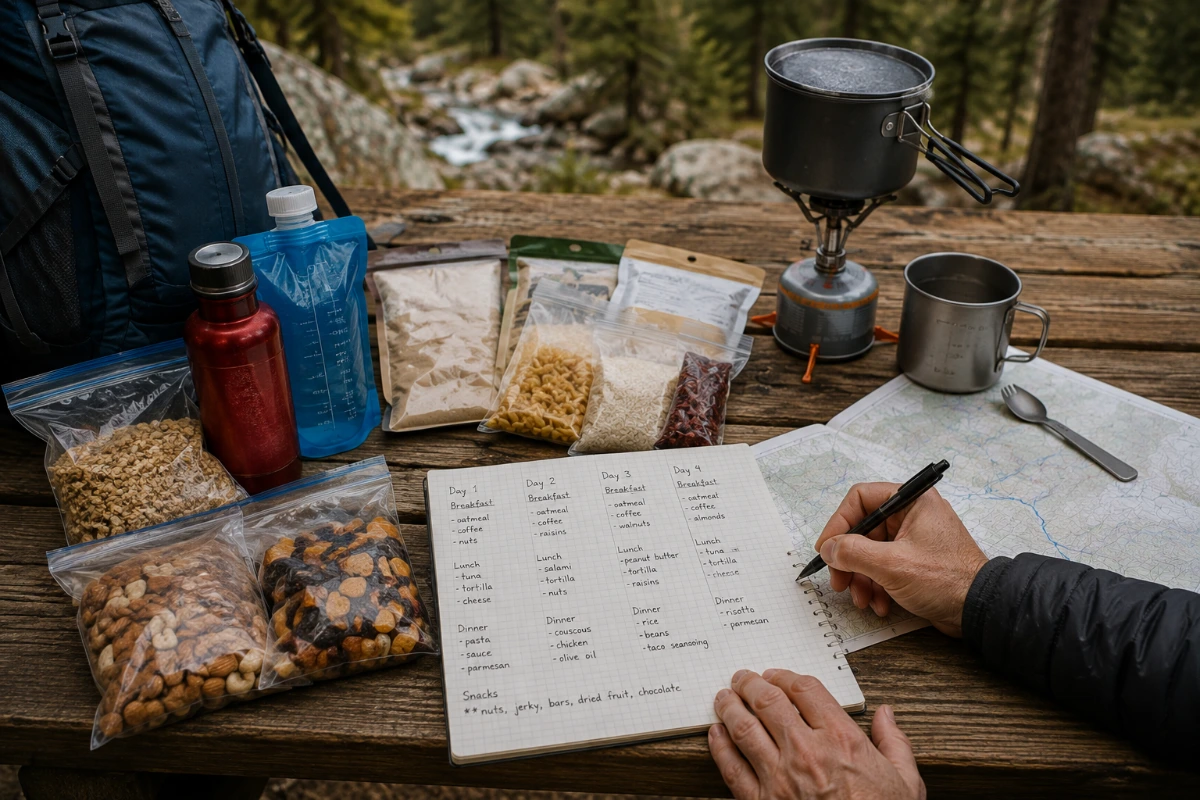 Hiker planning food and water supplies for a multi-day backpacking trip