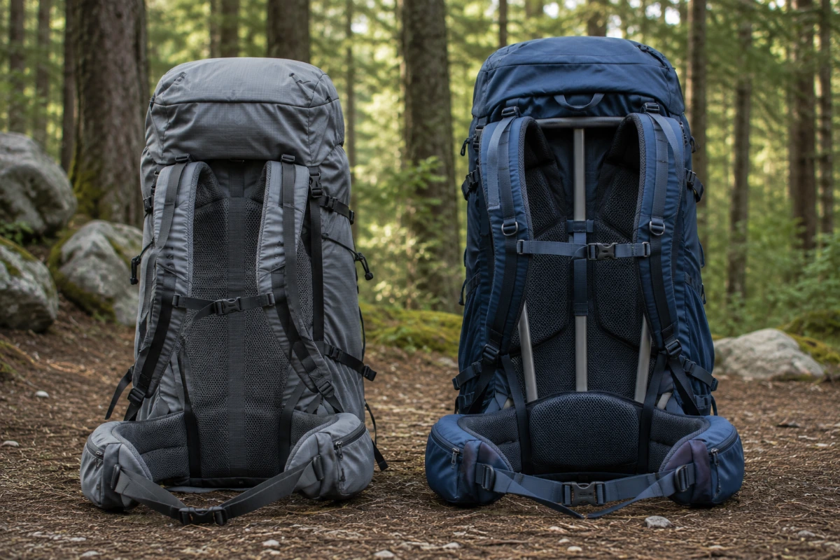 Comparison of a frameless hiking backpack and an internal frame backpack