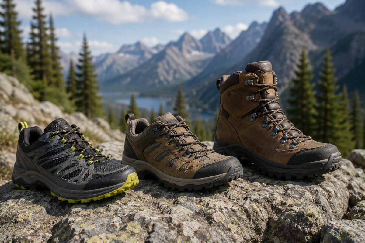 Different types of hiking footwear including trail running shoes, hiking shoes, and hiking boots