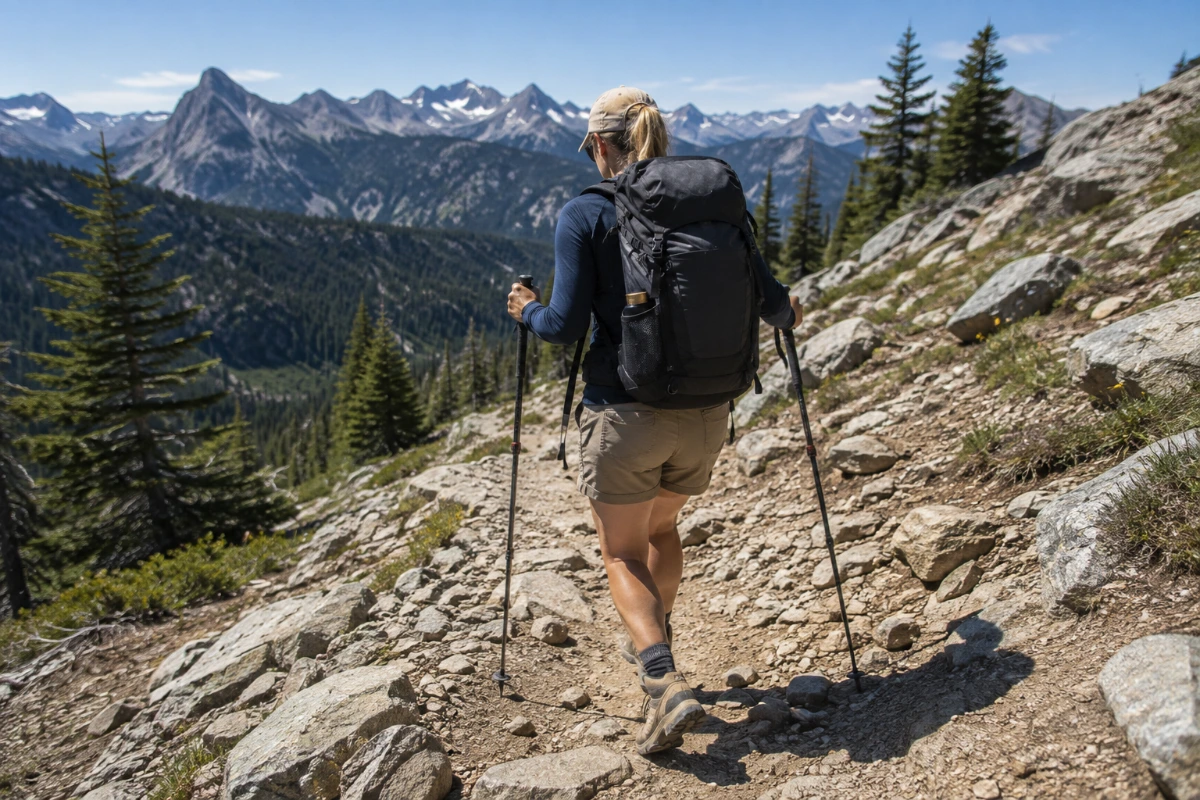 Hiker using trekking poles on an uneven mountain trail