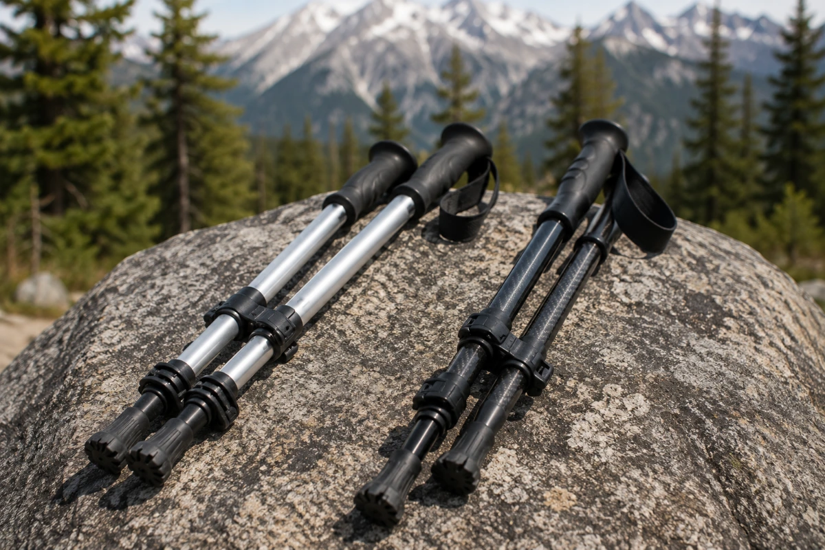 Comparison of aluminum and carbon fiber trekking poles on an outdoor trail