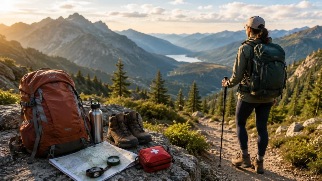 Hiker on a mountain trail with backpack and trekking poles overlooking a scenic valley