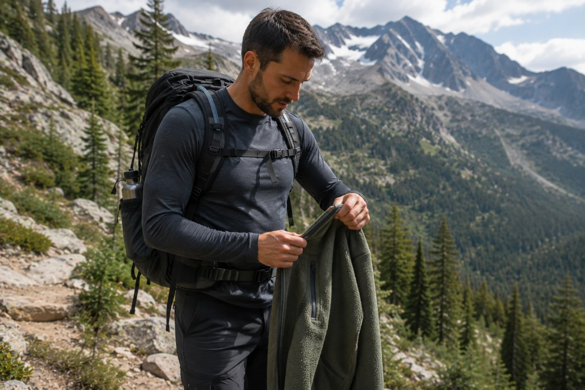 Hiker adjusting clothing layers while hiking on a mountain trail