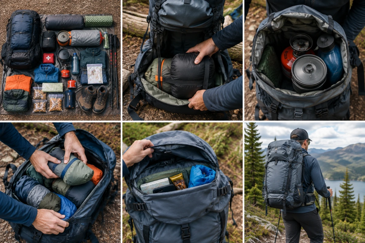 Backpacker organizing and packing gear into a backpack step by step