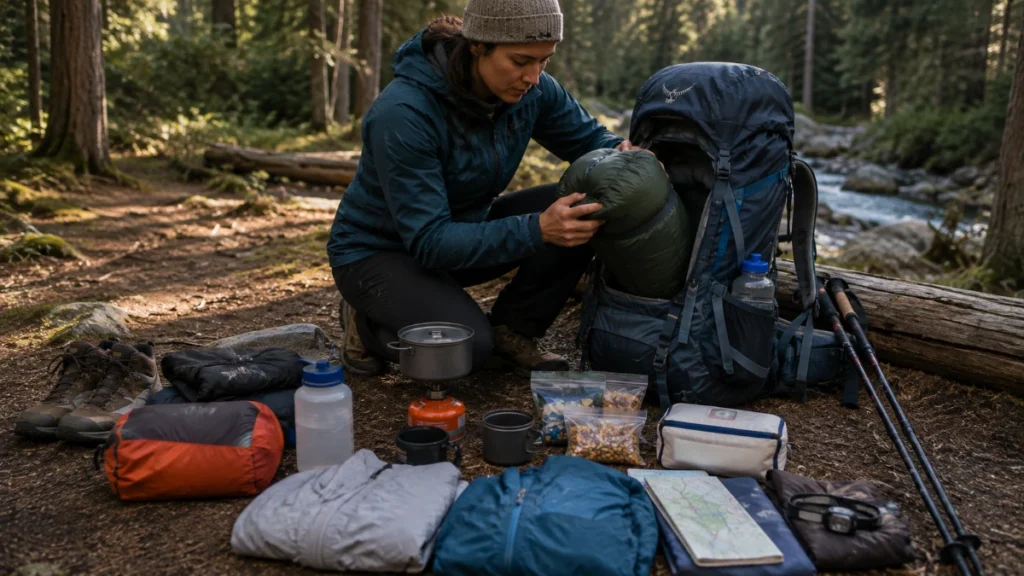 Beginner backpacker packing a backpack for a multi-day hike