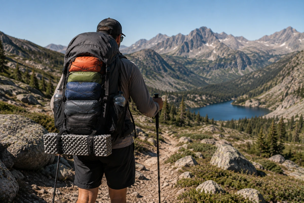 Backpacker adjusting weight distribution inside a hiking backpack for better balance