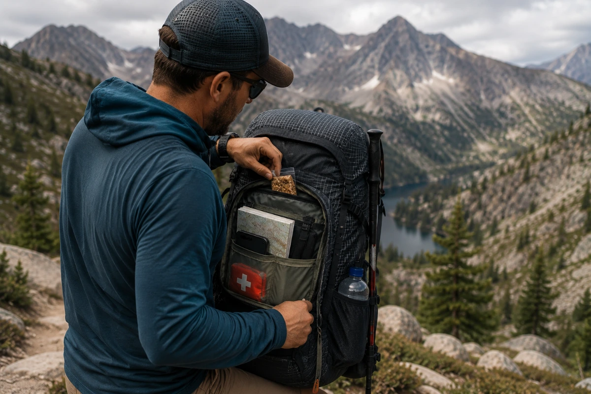 Backpacker organizing essential items for quick access inside a hiking backpack