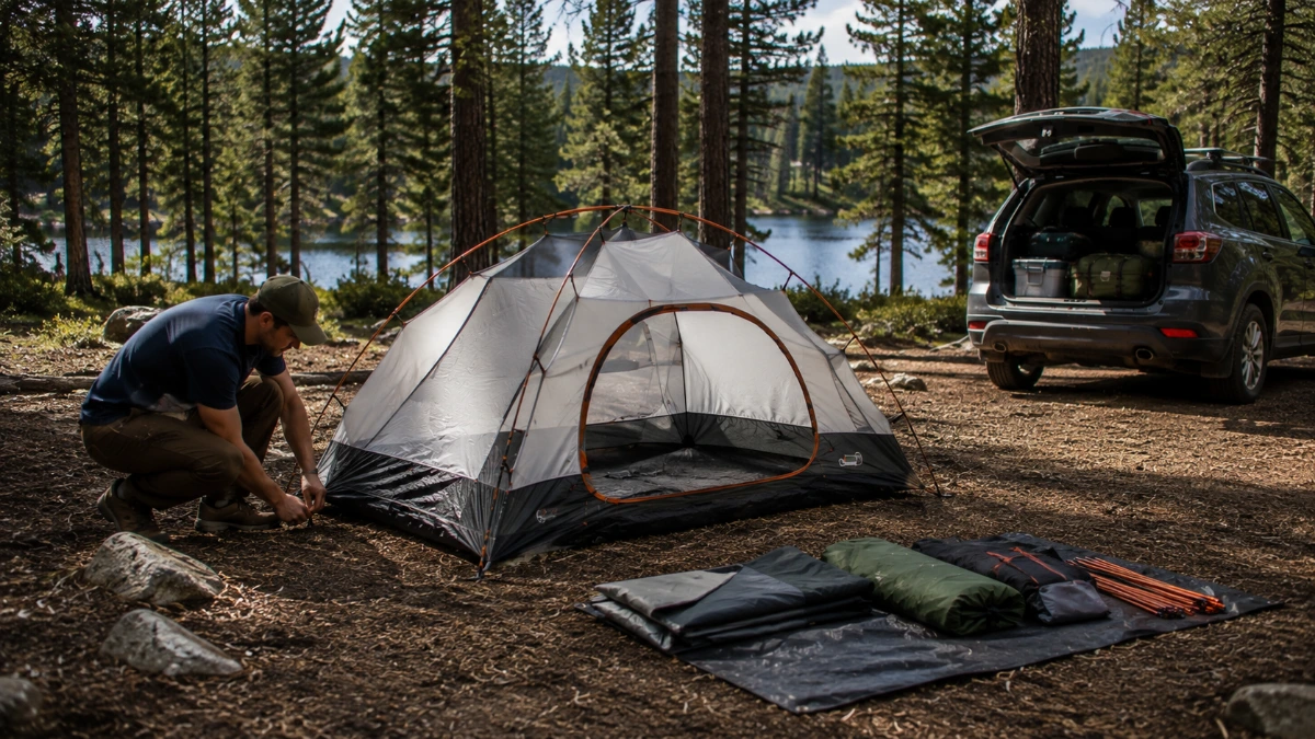 Beginner camper setting up a tent at a campsite