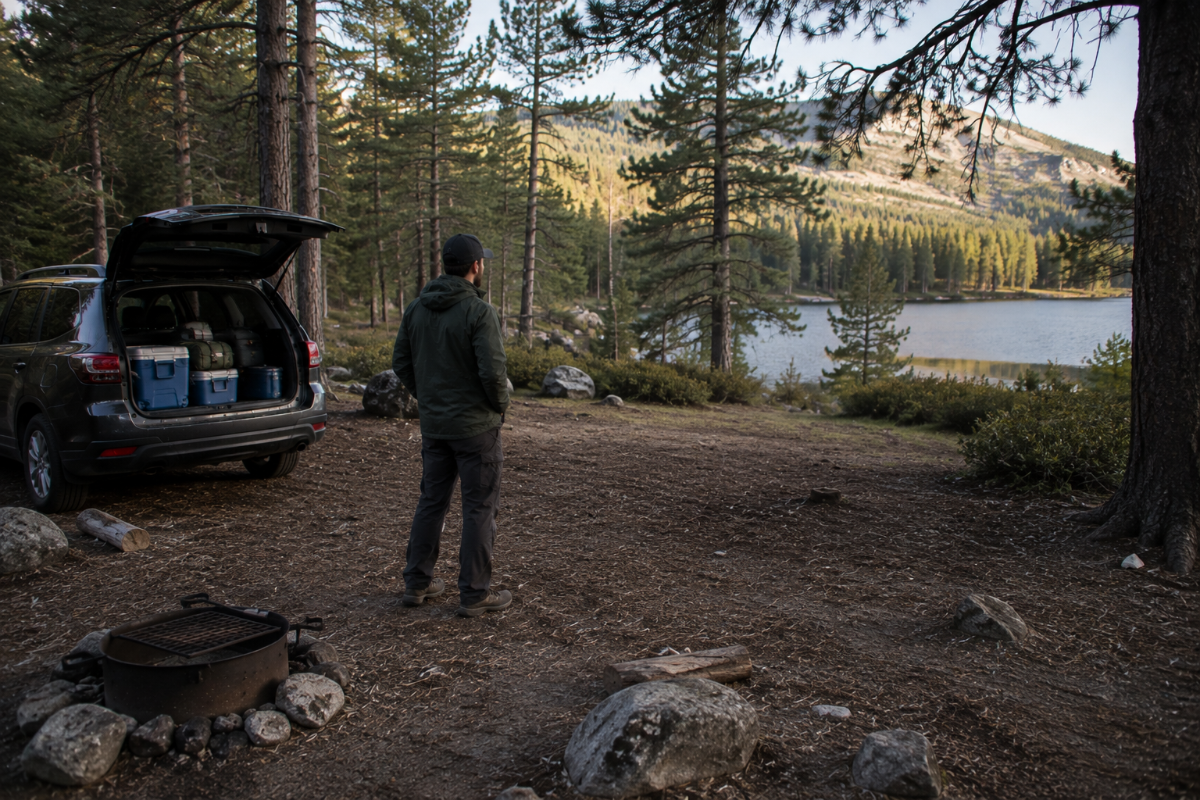 Camper choosing a safe and suitable tent spot before setting up camp