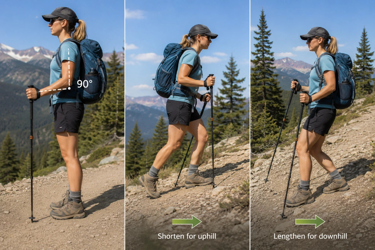 Hiker adjusting trekking pole length to achieve a comfortable elbow angle
