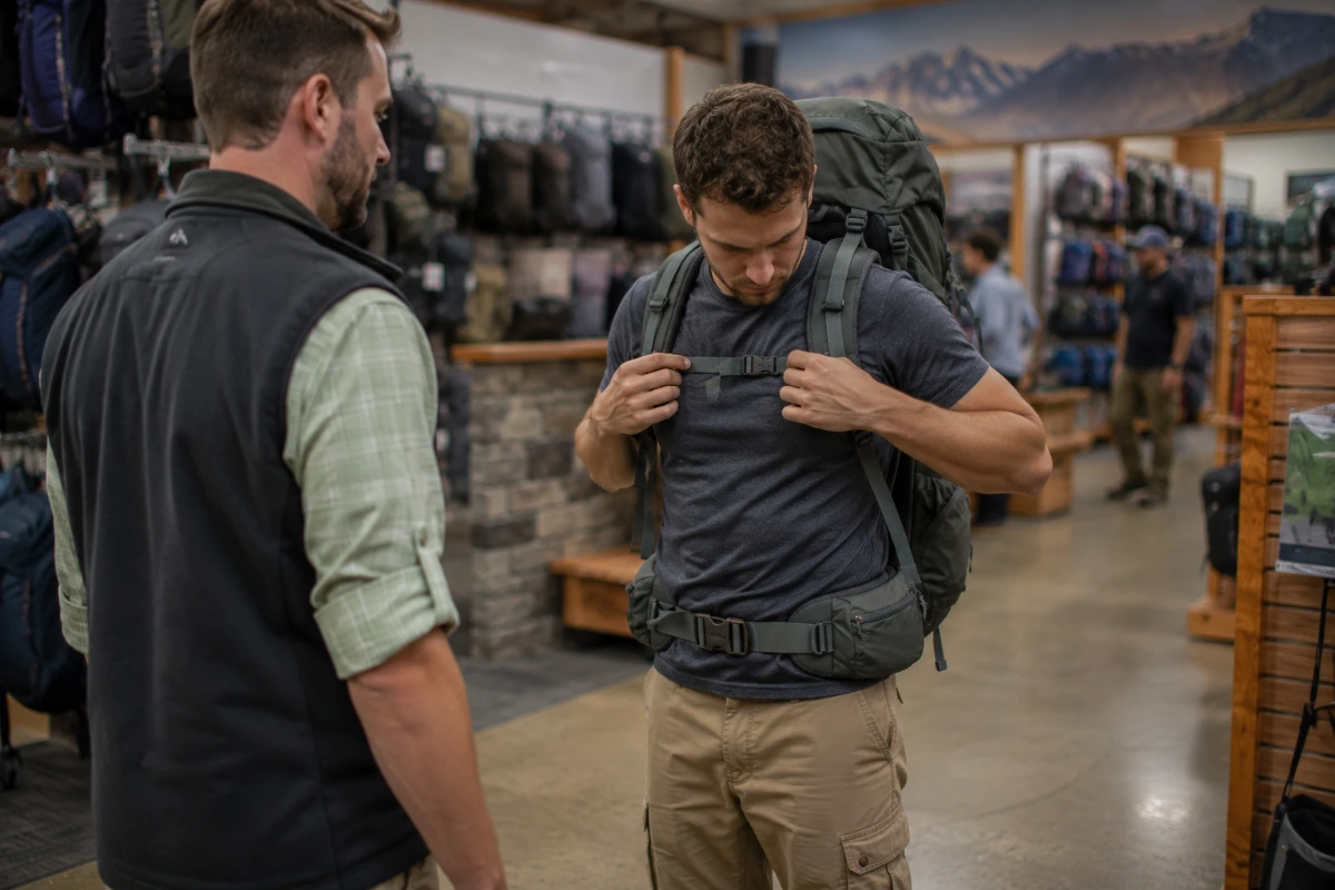 Hiker testing the fit of a loaded hiking backpack before buying