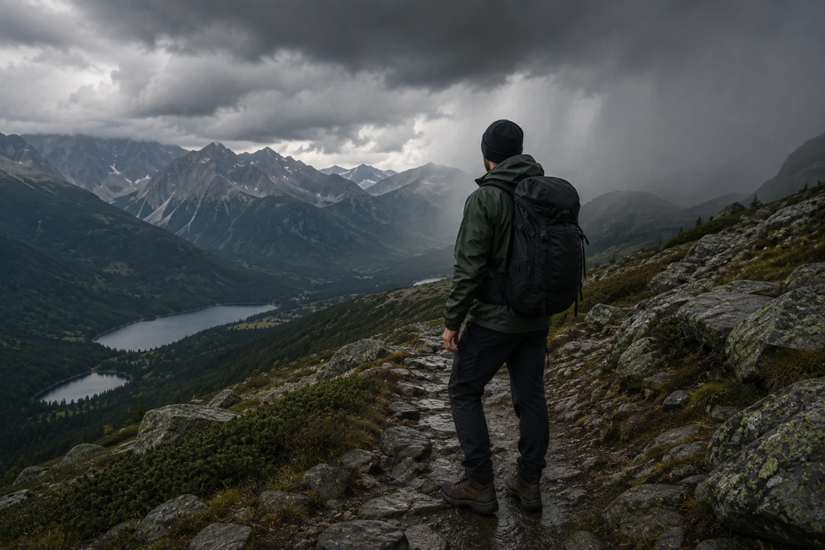Hiker noticing changing weather conditions on a mountain trail