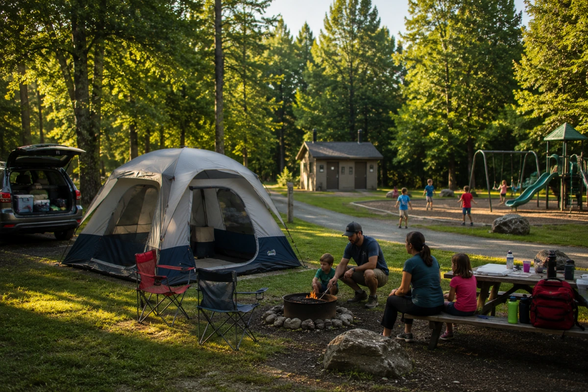 Family choosing a kid-friendly campground with children near a campsite