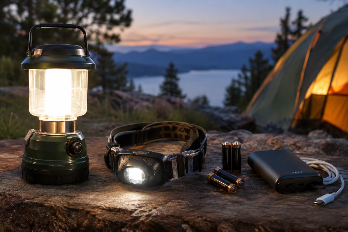 Camping lantern, headlamp, flashlight, batteries, and portable power bank at a campsite